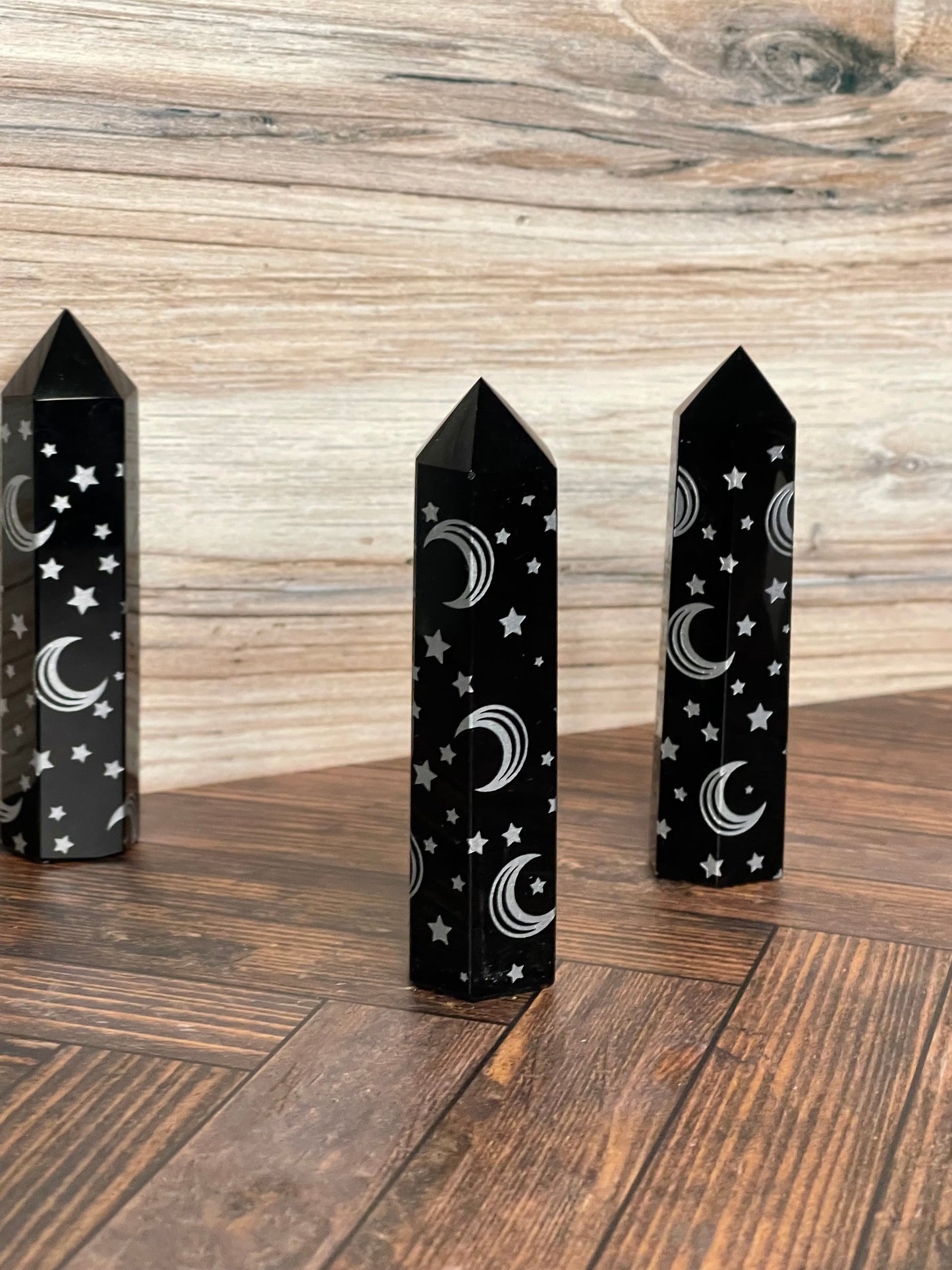 Black Obsidian Points with Moons and Stars