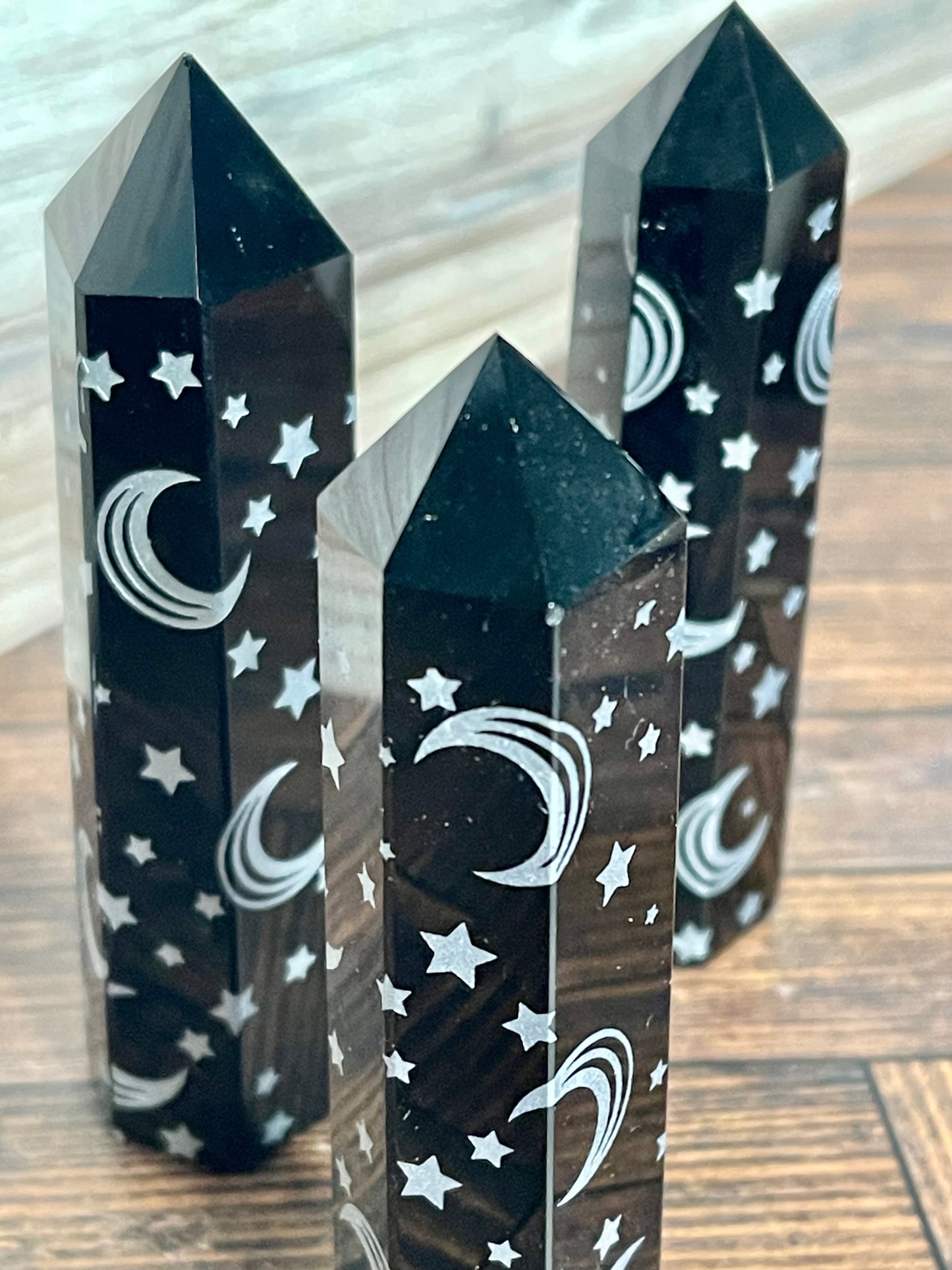 Black Obsidian Points with Moons and Stars