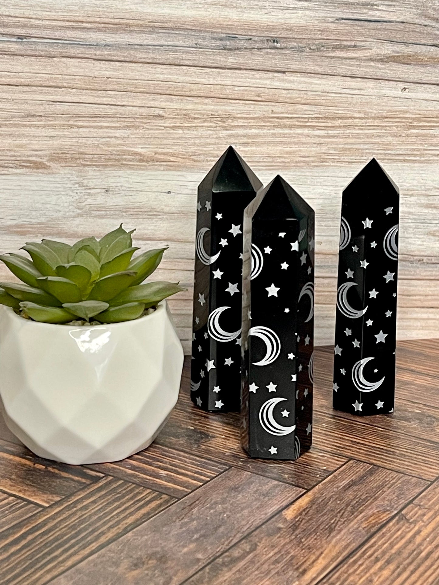 Black Obsidian Points with Moons and Stars