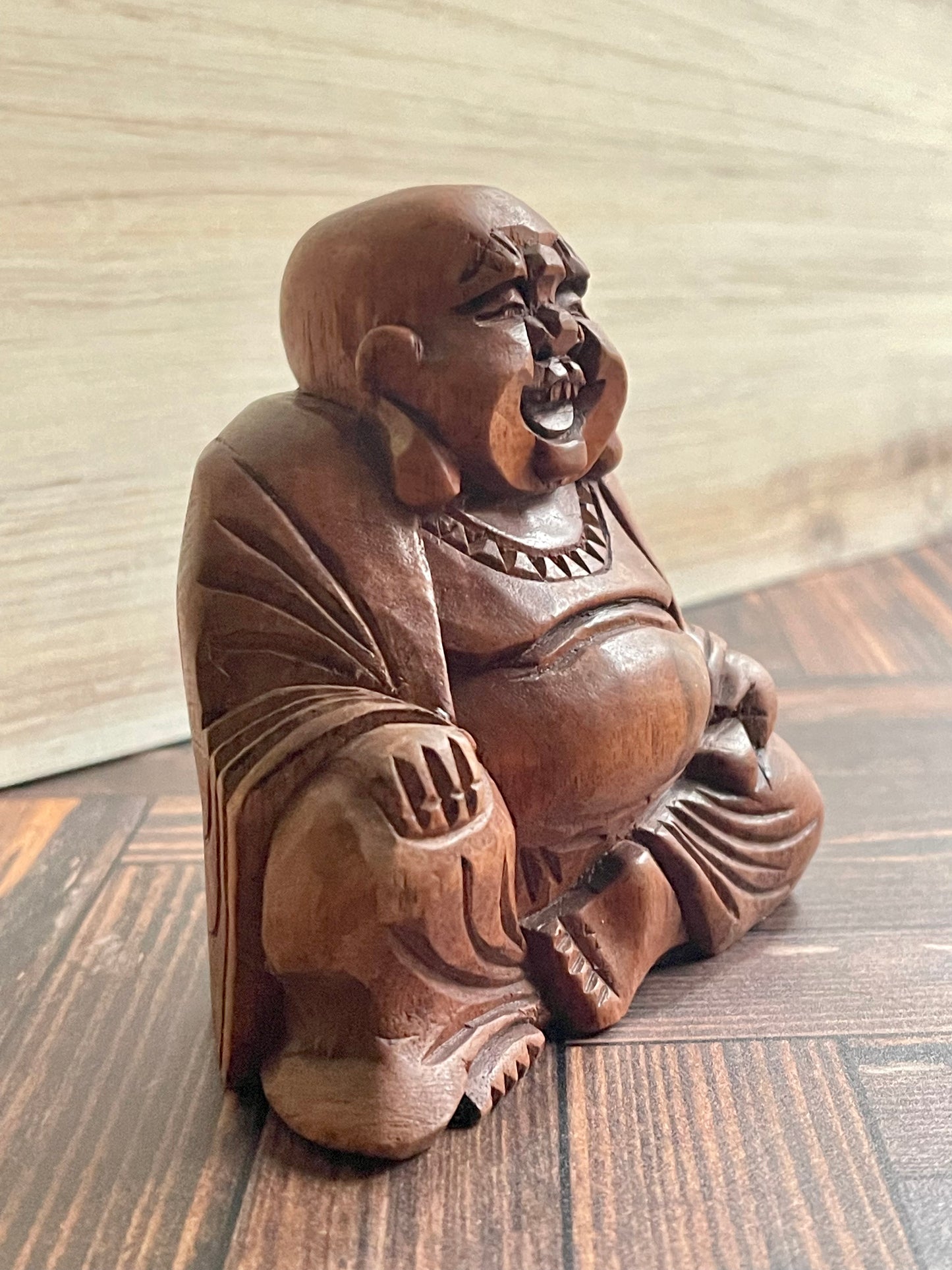 Hand Carved Wooden Laughing Buddha