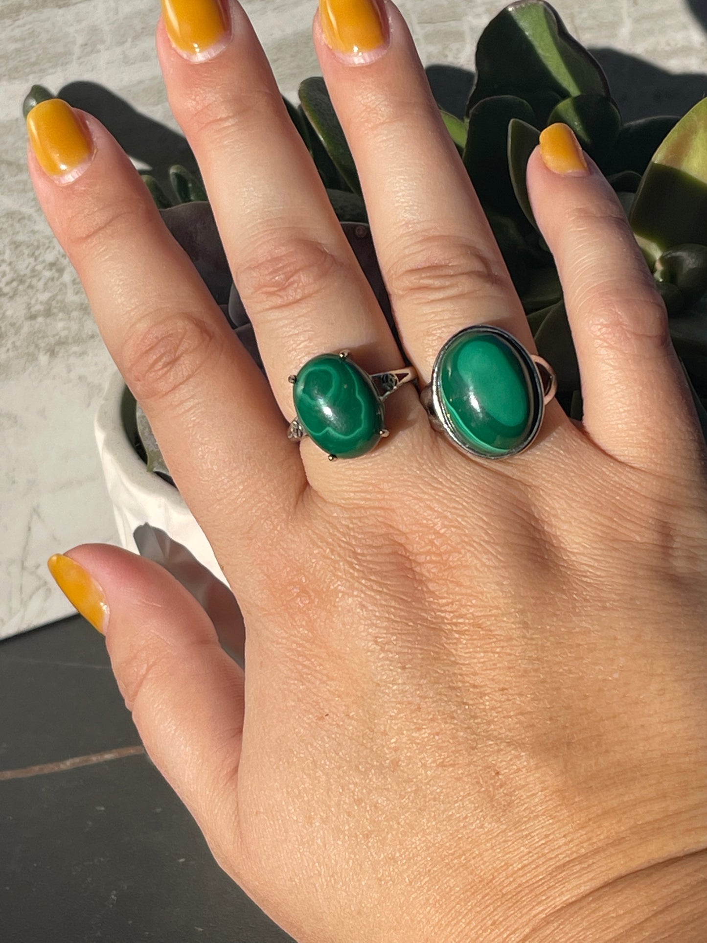 Adjustable Silver Plated Malachite Rings