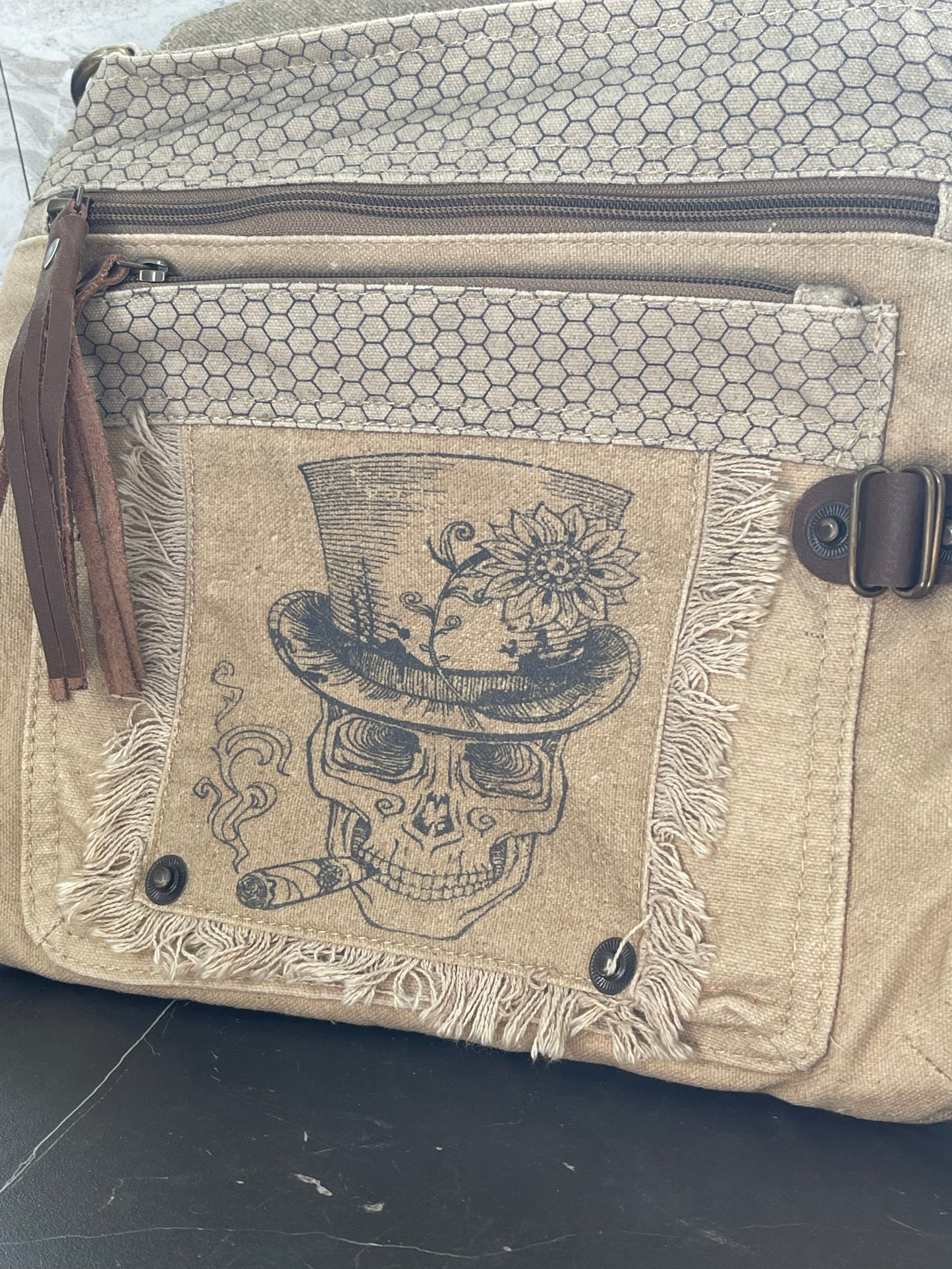 Canvas and Leather Skull Purse