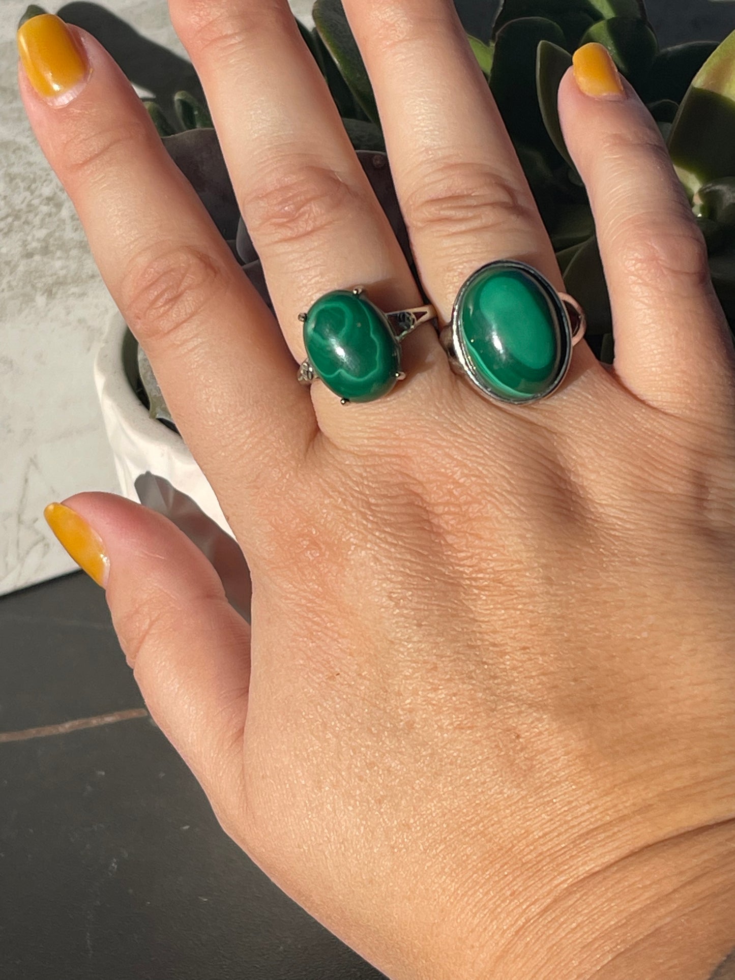 Adjustable Silver Plated Malachite Rings