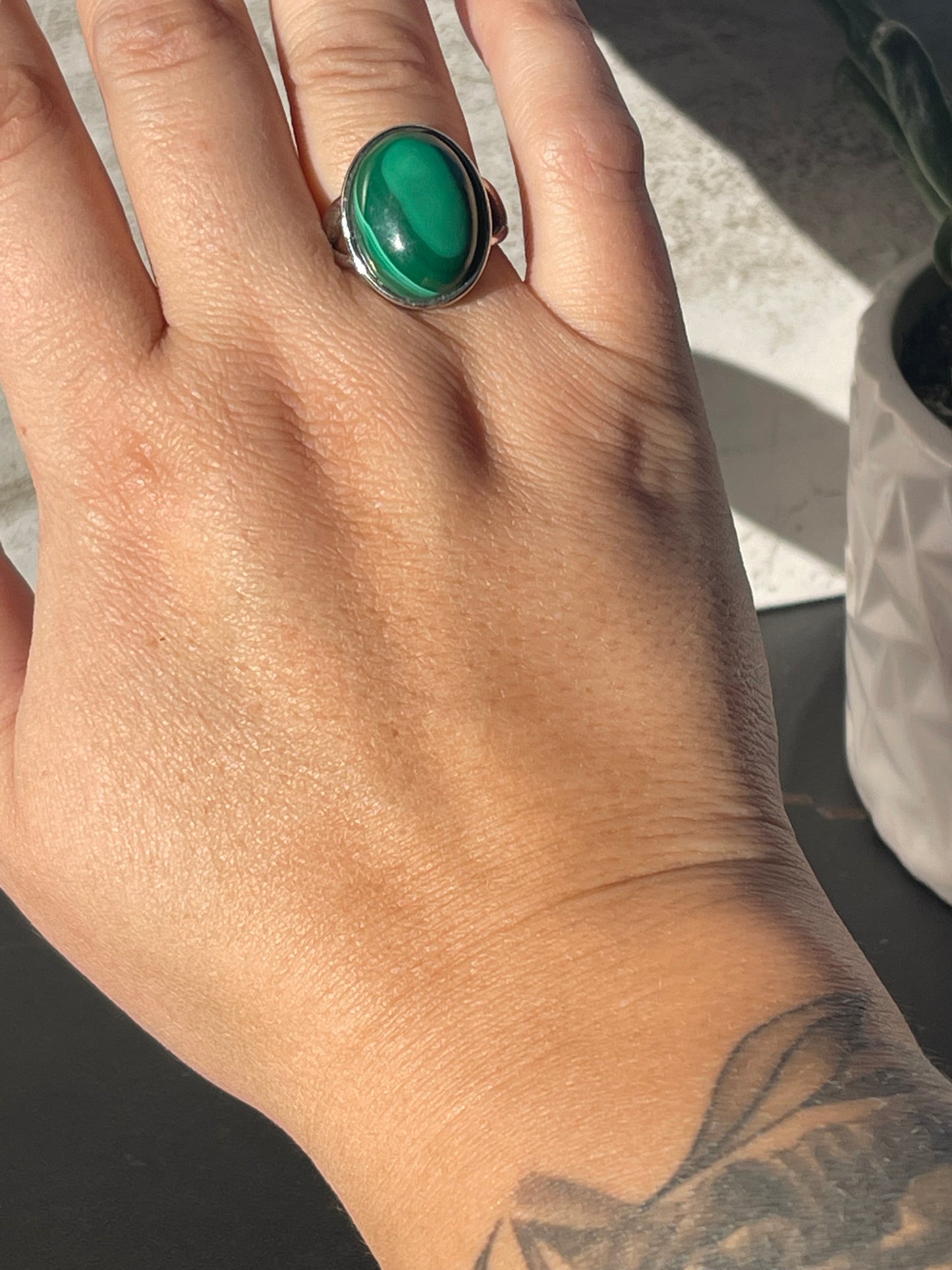 Adjustable Silver Plated Malachite Rings