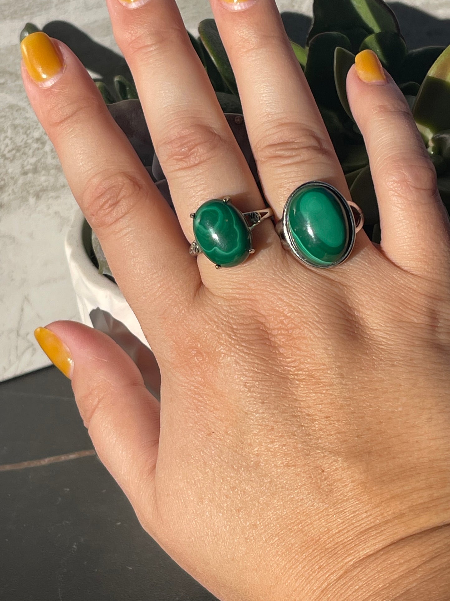 Adjustable Silver Plated Malachite Rings