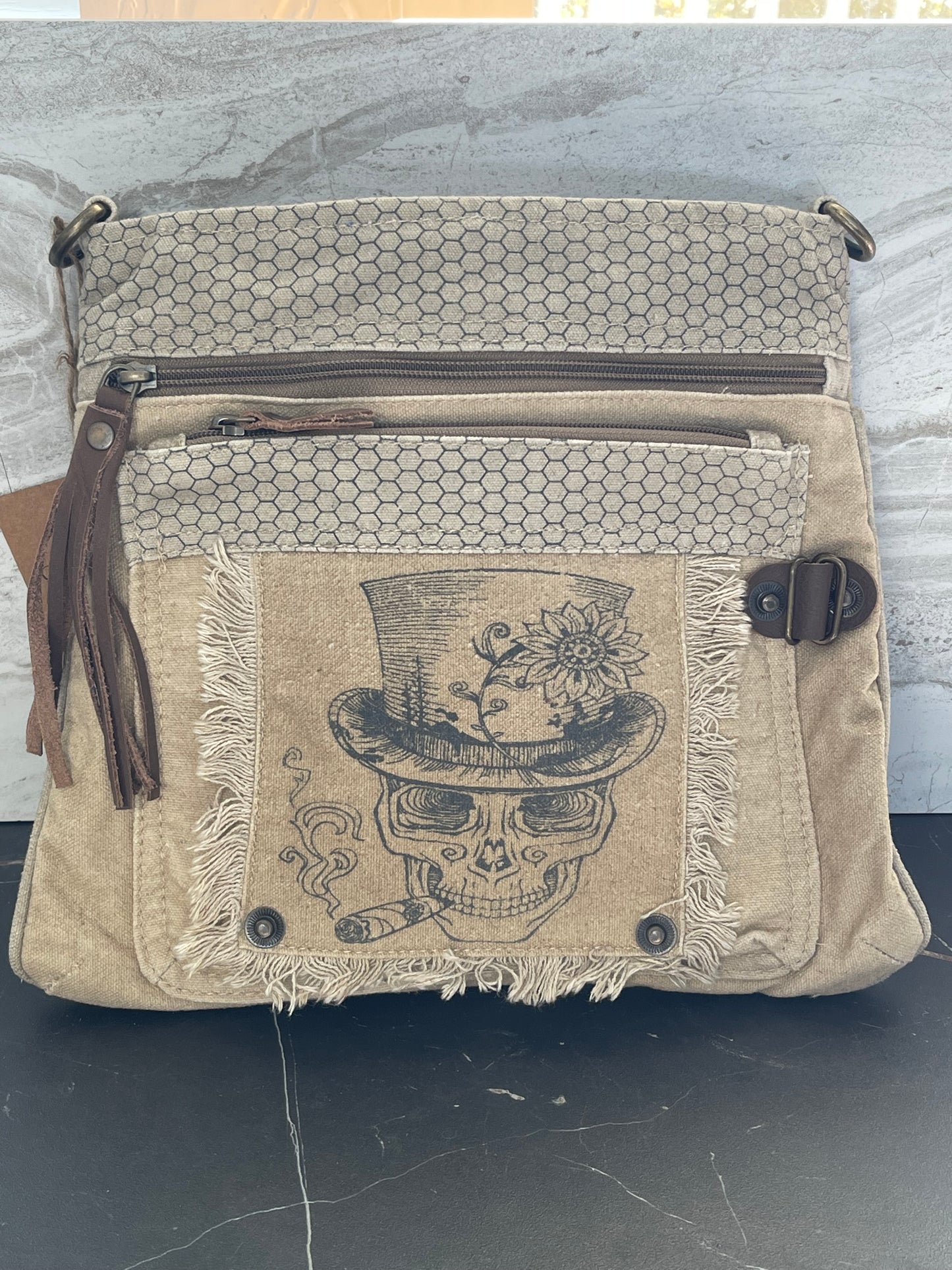 Canvas and Leather Skull Purse