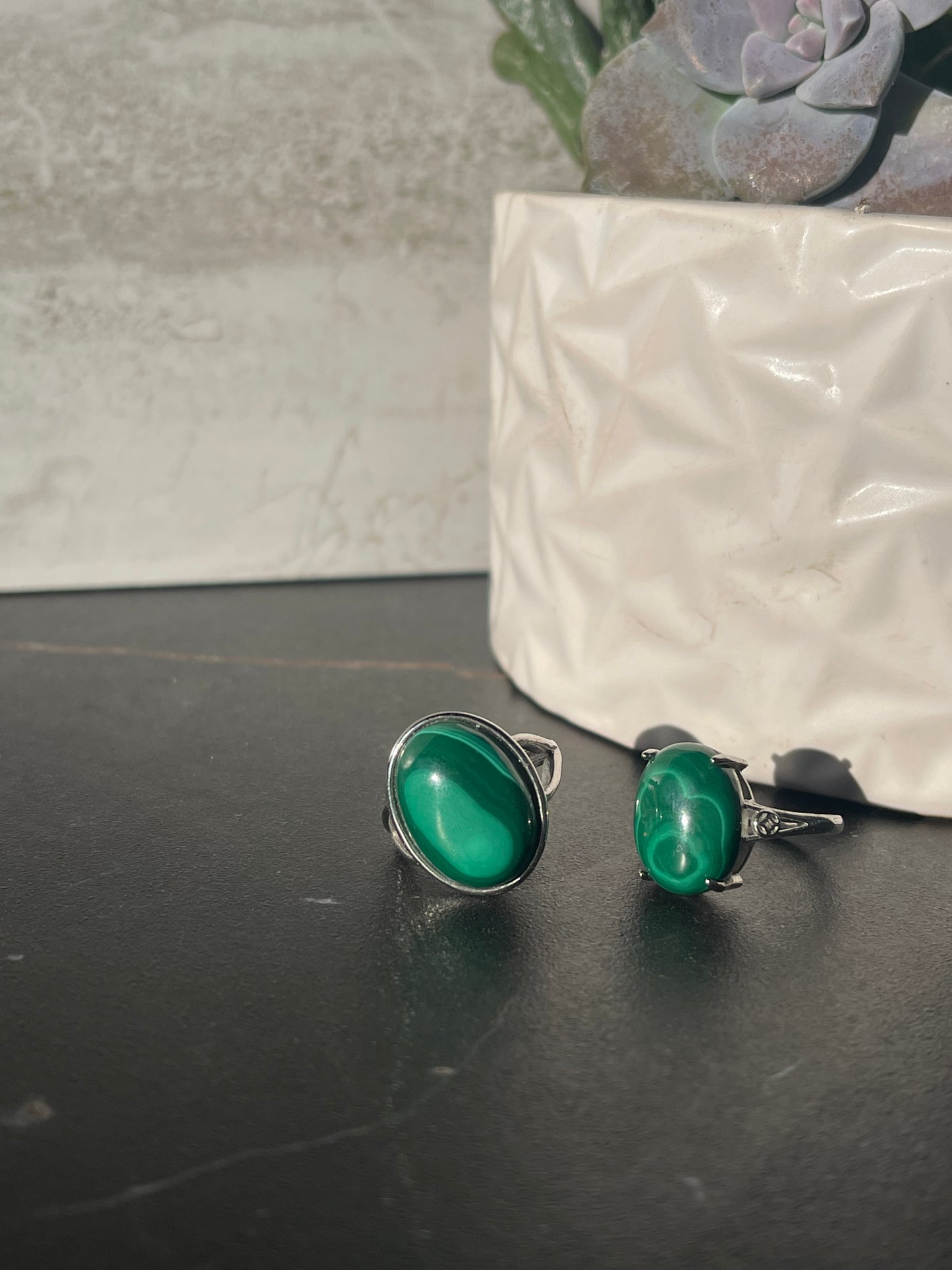 Adjustable Silver Plated Malachite Rings