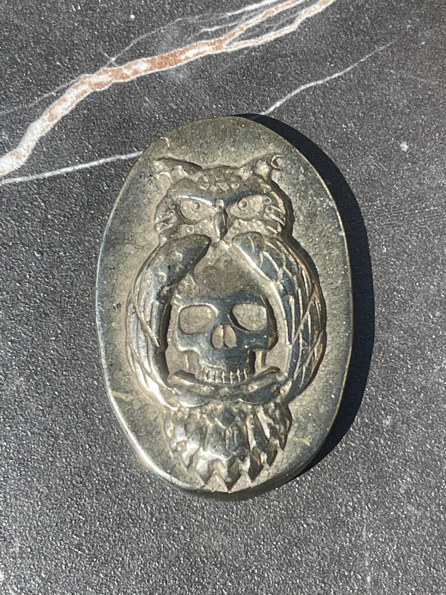 Carved Iron Pyrite (owl and skull)